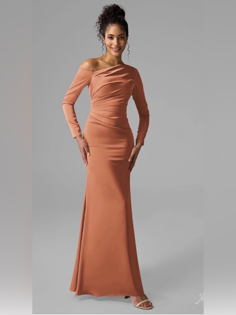 AW BRIDAL ANYA Satin Charmeuse Rusty tan Asymmetrical neckline long sleeve Sz 8